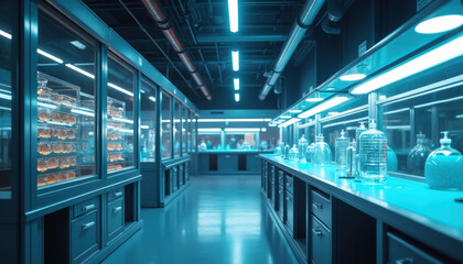 Modern Biotechnology Laboratory Interior Design: Blue Neon Light, Cleanliness, Futuristic Style.