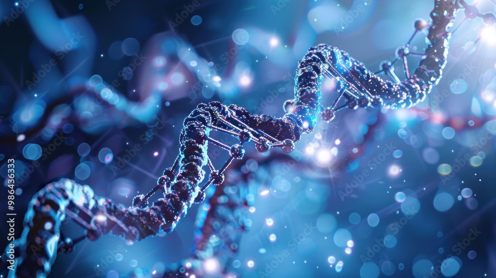 Aufkleber image showcases close up view of DNA double helix structure, illuminated with vibrant blue and purple hues, creating sense of depth and complexity in molecular world