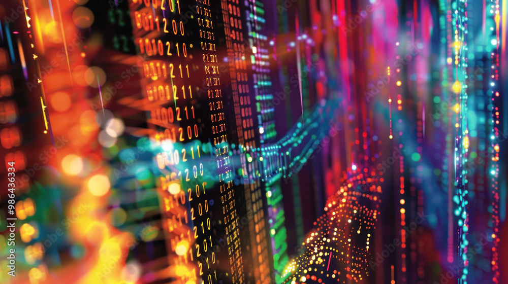 Aufkleber Vibrant digital data streams with colorful binary code create mesmerizing visual effect, representing technology and innovation in dynamic way