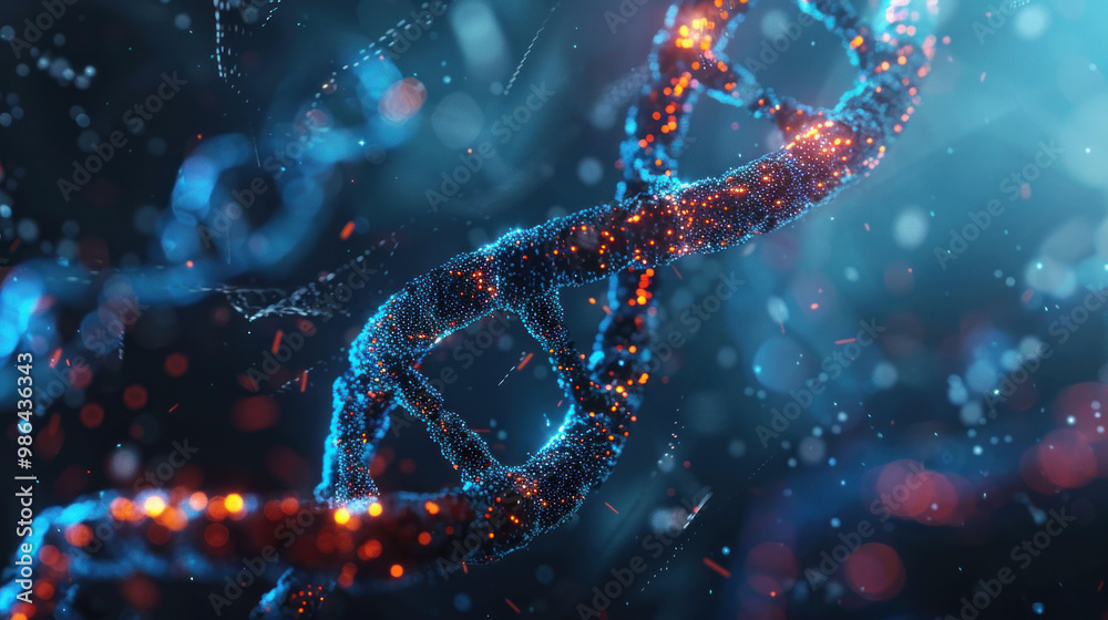 Poster image showcases vibrant and intricate representation of DNA, highlighting its double helix structure with glowing particles and dynamic background. This visual captures essence of genetic science
