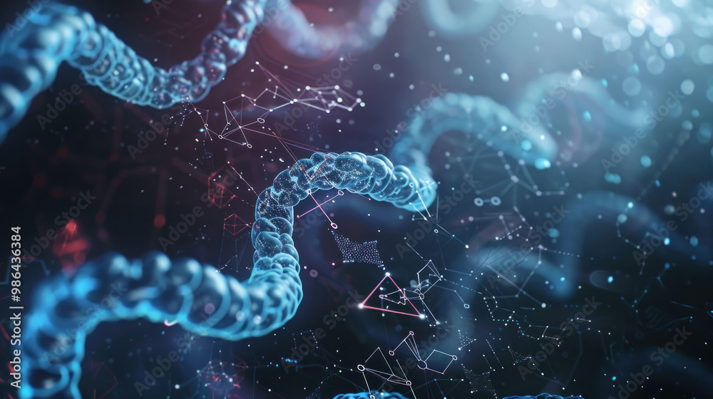 Poster image showcases vibrant and intricate representation of DNA strands, intertwined with abstract digital elements, symbolizing fusion of biology and technology