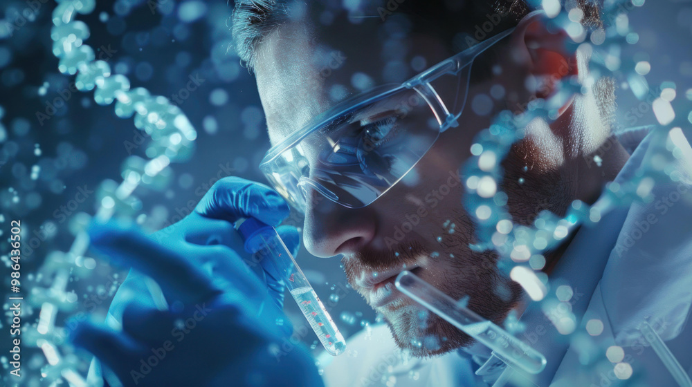 Poster innovative scientist examining dna strands with test tubes, showcasing advanced research in genetics