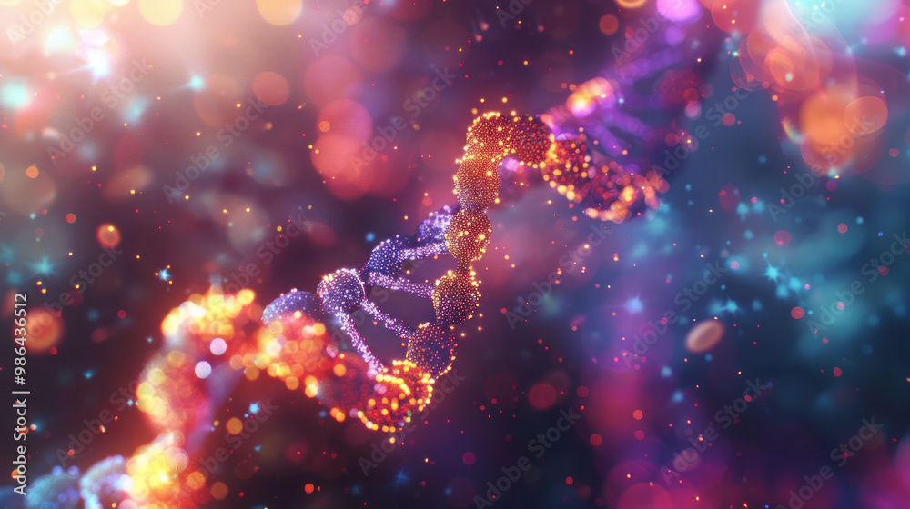 Poster vibrant and colorful representation of dna strands, showcasing intricate details and glowing particl