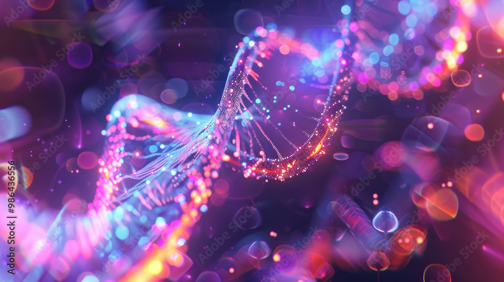 Poster vibrant and colorful representation of dna double helix, showcasing intricate details and glowing pa