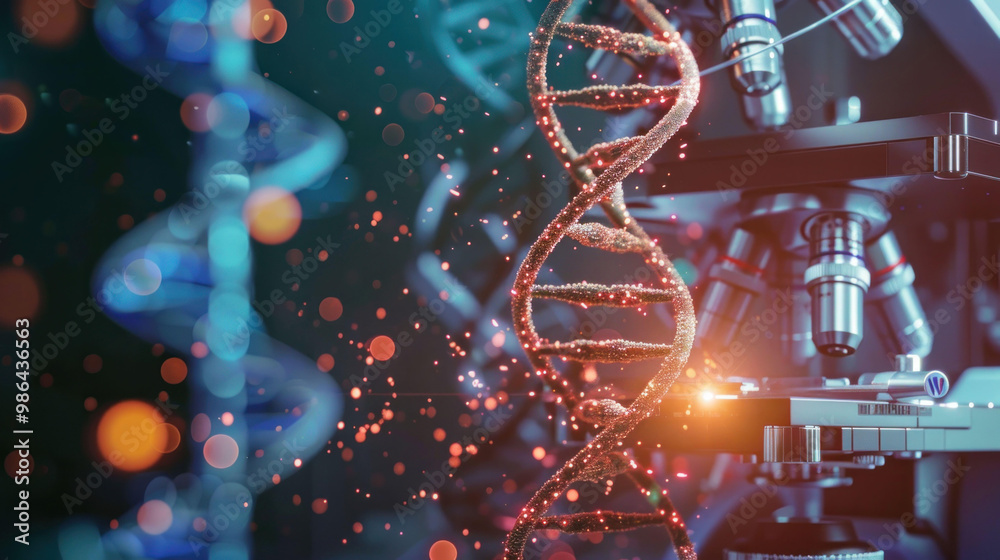 Poster image showcases close up view of dna double helix structure, illuminated with vibrant colors, alongs