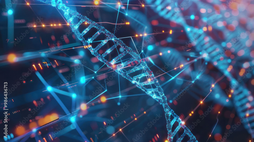 Poster vibrant digital representation of DNA strands intertwined with glowing data points, symbolizing intersection of biology and technology. This image evokes sense of innovation and discovery in genetic