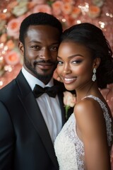 Romantic Wedding Moment with Bride and Groom in Front of Pink Backdrop, Perfect for Wedding Photography and Marriage Celebrations Generative AI