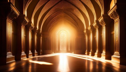 Obraz premium A golden light shines through an ornate archway in a grand, mysterious hall.