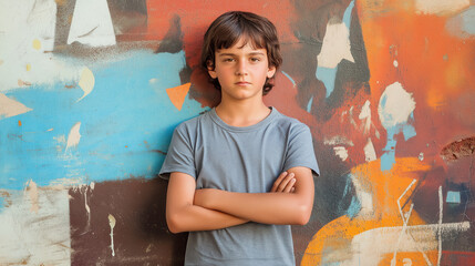 Boy standing against a colorful graffiti wall, arms crossed, with a serious expression, blending...