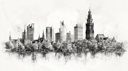 Fototapeta premium The Hague, Netherlands, black and white pen pencil hand-drawn effect drawing illustration for travel poster, card, wallpaper, backdrop or banner. Modern, clear, artistic and simple