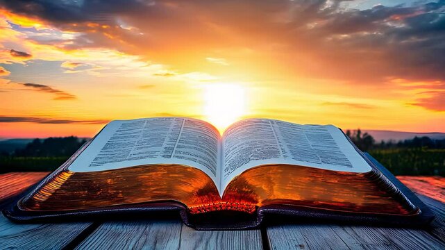  Open Bible on a wooden table at sunrise with sunlight illuminating the pages symbolizing faith spirituality and devotion in a serene landscape