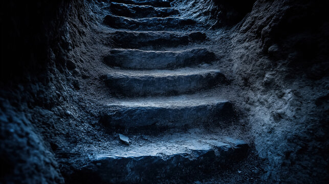 Ancient stone steps leading upward in a dark cave, illuminated dimly by soft blue light, evoking a sense of mystery and history.