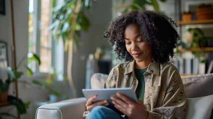 woman with curly hair is sitting comfortably on sofa, using tablet in bright, plant filled room. She appears focused and content while engaging with her device