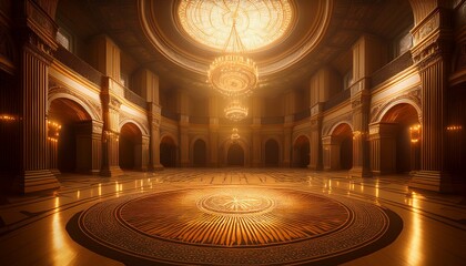 Obraz premium A grand hall with a glowing circular pattern on the floor, bathed in warm light from above. The image suggests a place of power and mystery.