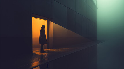 Lone figure standing in a doorway, illuminated by an eerie yellow light, surrounded by fog, creating a mysterious and suspenseful scene.