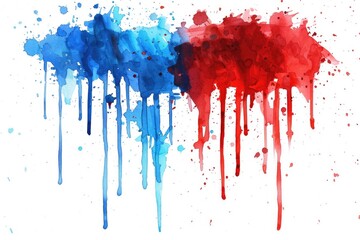 Fototapeta premium Abstract watercolor banner with blue red stain drips on white.