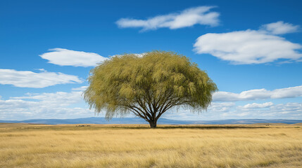 Obraz premium Lone tree standing tall in the middle of an expansive field under a bright blue sky with fluffy white clouds, symbolizing simplicity and freedom.