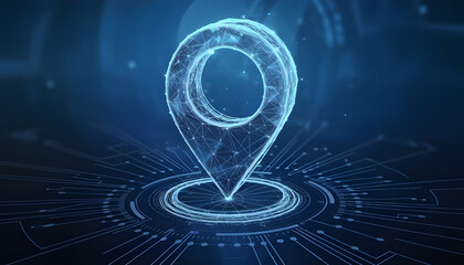 Abstract location pin. Digital gps light icon. Low poly wireframe vector illustration in futuristic hologram style on blue technology background. Travel and tourism locate concept with 3D effect. High