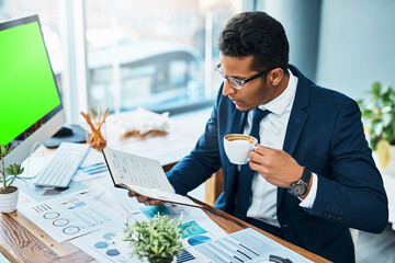 Businessman, notebook and coffee for schedule, planning and research with pc, documents and stats. Investment manager, book and latte for financial market, strategy or data analysis with green screen