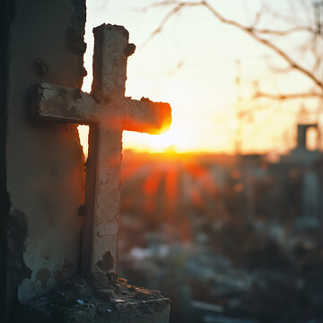 A realistic photograph symbolizing the worldwide persecution of the Church of Christ: Cross at Sunset: The silhouette of the cross against the sunset can symbolize hope and the enduring power of faith