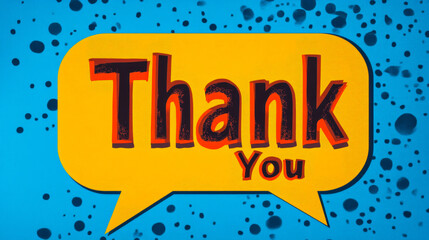 Bright Thank You Text in Speech Bubble on Blue Spotted Background, Expressing Gratitude and Appreciation with Bold Typography, Ideal for Greeting Cards, Banners, and Social Media Posts