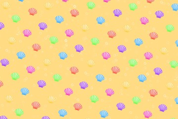 Obraz premium Yellow pattern, seamless pattern with seashell, yellow background, yellow, yellow background with shellfish and bubbles, shellfish, shell, sea, colorful, wallpaper, fabric, card, wrapping, bubble