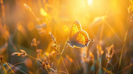 A butterfly is sitting on a patch of tall grass, generative ai