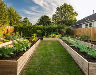 Obraz premium A lush vegetable garden with raised beds in a backyard setting.