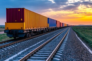 Fototapeta premium A close-up of a freight train on a railway track, transporting goods across long distances