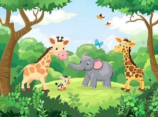 Cute Cartoon Animals in the Forest