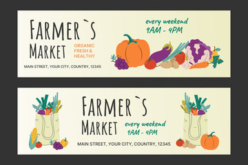 A set of horizontal advertising banners for the farmer's market. Organic and natural vegetables and fruits. Vector illustration.