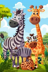 Fototapeta premium Cute Cartoon Zebras and Giraffe In Jungle
