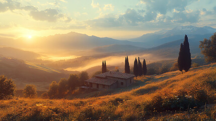Fototapeta premium Beautiful Tuscan landscape with house, cypress trees and sunset