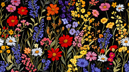 Embroidery seamless pattern with wildflowers. generative ai. Embroidery. Illustration