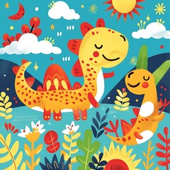 Cute Cartoon Dinosaurs in a Colorful Garden