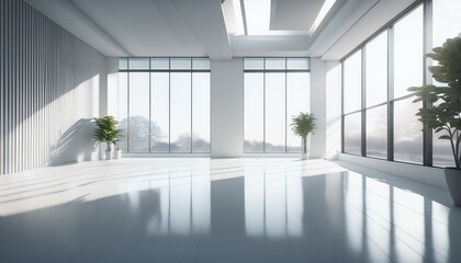 A minimalist white room with large windows and a glossy floor. Sunlight streams through the skylights, casting shadows on the walls.