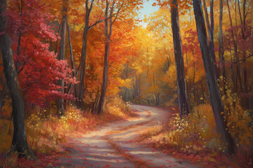 Obraz premium Vibrant autumn forest path with colorful leaves