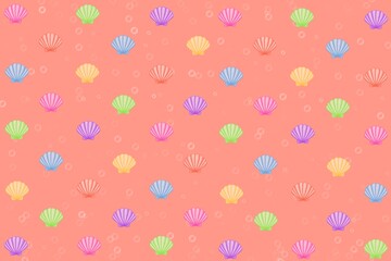 seamless pattern, seamless pattern with seashell, orangr background, orange, orange background with shellfish and bubbles, shellfish, shell, sea, colorful, wallpaper, fabric, wrapping, bubble