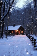 Cozy cabin with glowing lights nestled in a snowy forest during a winter evening snowfall.