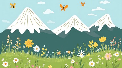 Mountain Landscape with Flowers and Butterflies