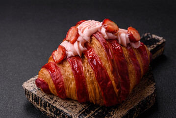Crispy sweet red croissant with strawberry filling