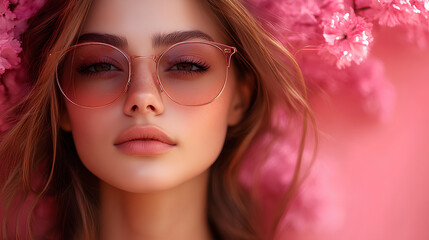 Fototapeta premium Close up portrait of a woman wearing pink sunglasses, looking at the camera