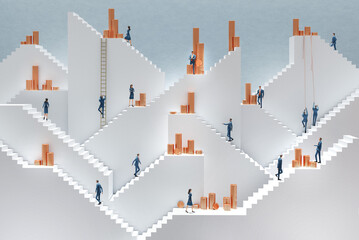 Business people are working in finance, looking after  golden coins. Investment and financial advice concept.  Abstract environment with stairs and lots of business people, 3D rendering