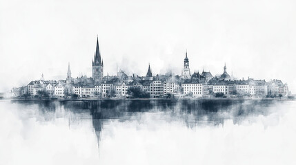 Fototapeta premium Trondheim, Norway, black and white pen pencil hand-drawn effect drawing illustration for travel poster, card, wallpaper, backdrop or banner. Modern, clear, artistic and simple