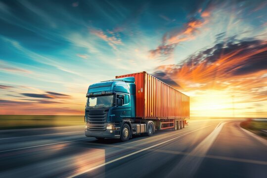 The truck is carrying a large container, and the sky is filled with clouds, generative ai image