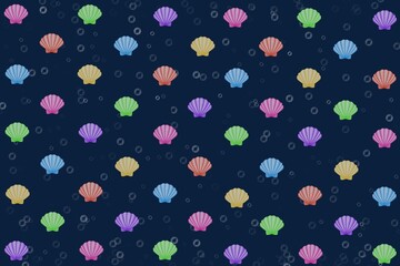 seamless pattern, seamless pattern with seashell, blue background, blue, blue background with shellfish and bubbles, shellfish, shell, scallop, colorful, wallpaper, fabric, Pattern, wrapping, textile