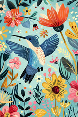 Naklejka premium Vibrant hummingbird flying among colorful flowers and plants