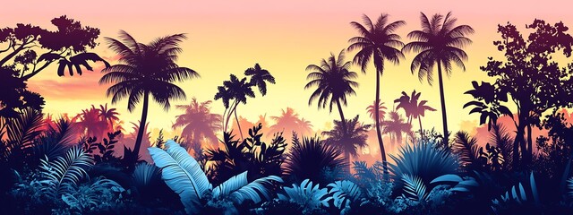 Tropical Sunset Silhouette with Palm Trees and Lush Foliage