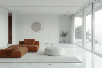 A white room with a brown couch and a potted plant,generative ai image