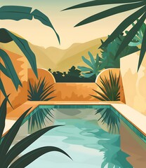 Tropical Pool Landscape Illustration